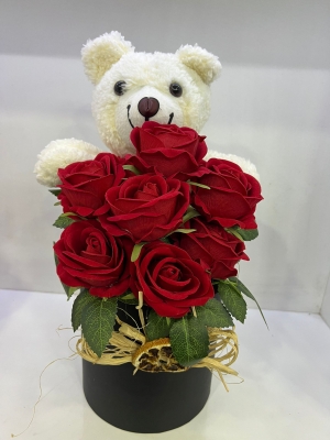 Silindir Yuvarlak Kutu Kadife Güller Pelüş ayıcık